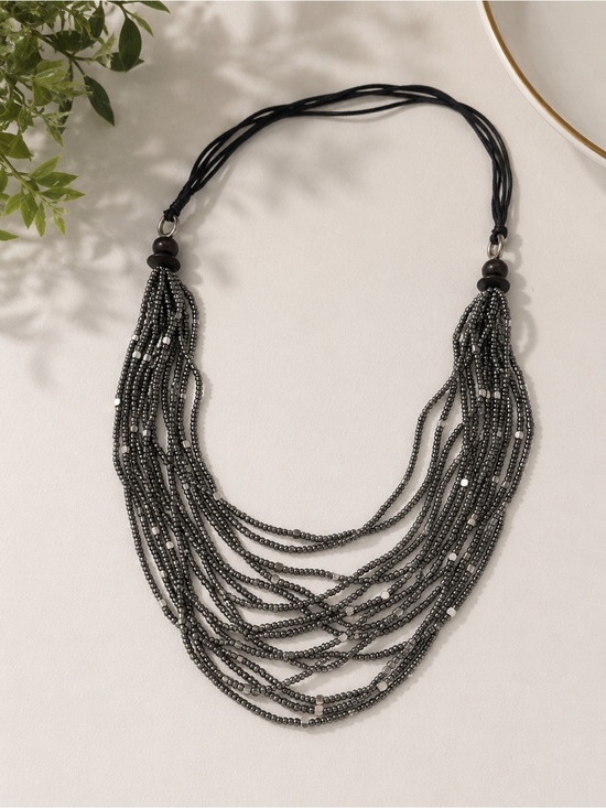 Jewelry - Boutique Multi-Strand Gunmetal Beaded Statement Necklace 17” NWT